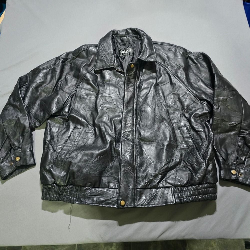Milan Leather Bomber Jacket Mens 2X Black Patchwork Genuine Leather Moto Coat